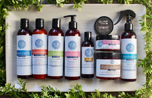 The bundle products on a wooden background surrounded by leaves