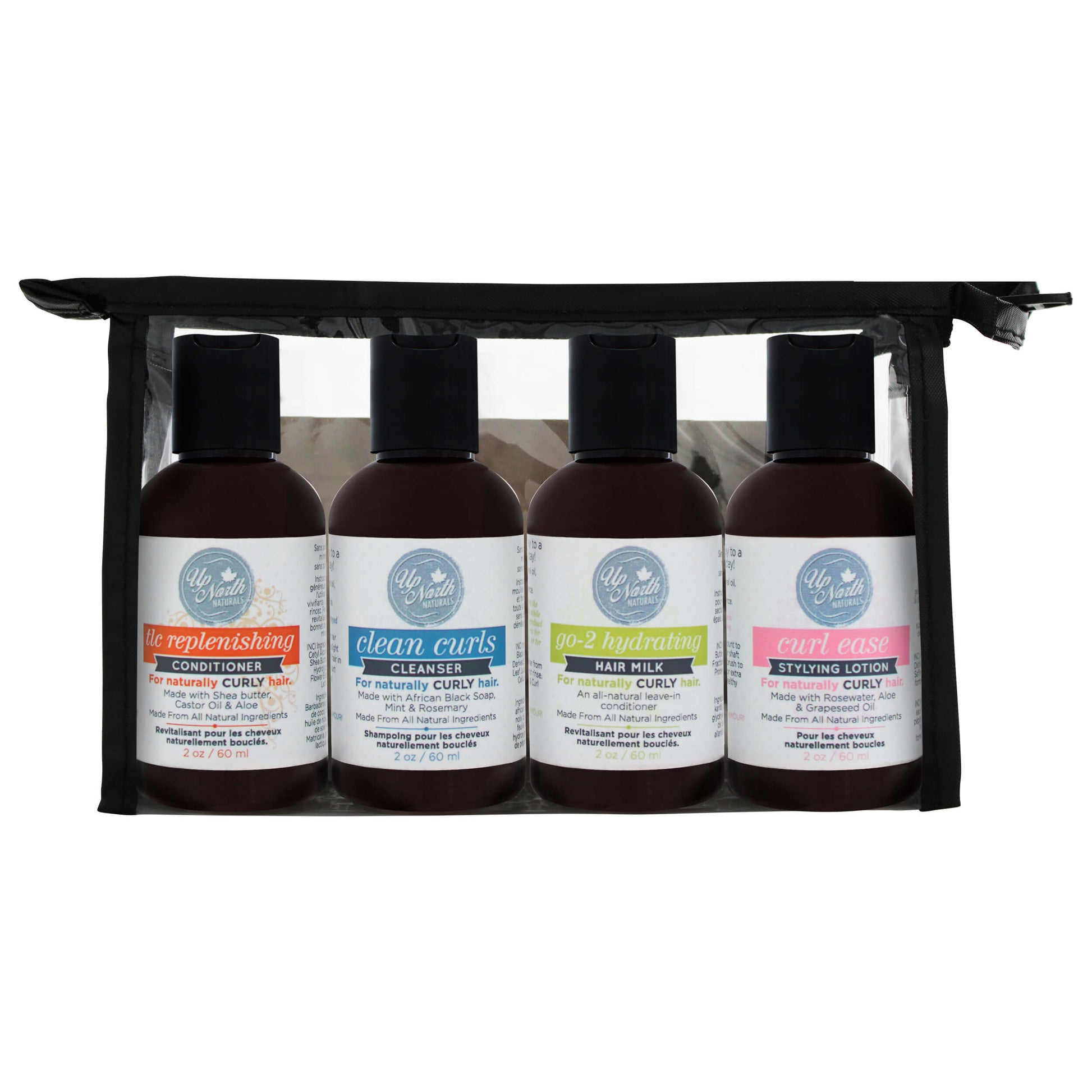 Front image of mini bundle products including the mini tlc replenishing conditioner, mini clean curls cleanser, mini go-2 hydrating milk, mini curl ease styling lotion in the included carrying case