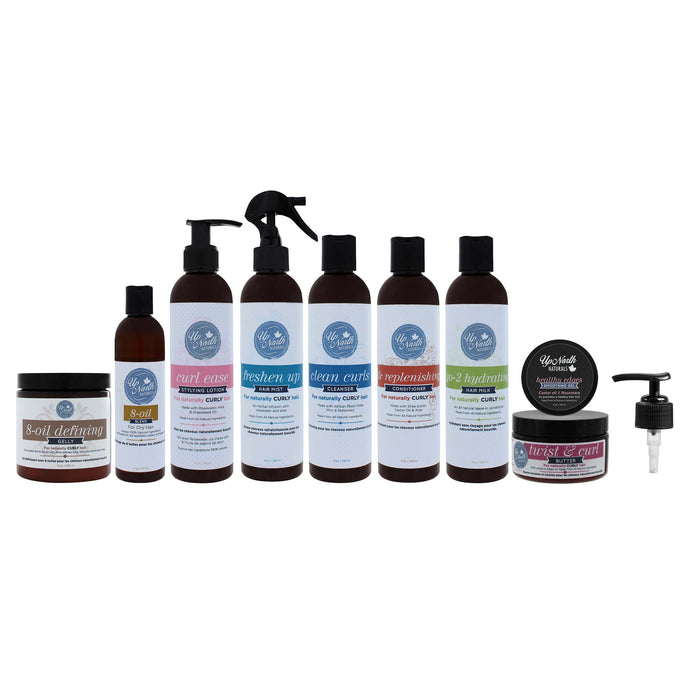 Front image of the bundle products including 8-oil defining gelly, 8-oil blend, curl ease styling lotion, freshen up hair mist, clean curls cleanser, tlc replenishing cleanser, go-2 hydrating hair milk, healthy edges smoothing gel, twist & curl butter and pump lid